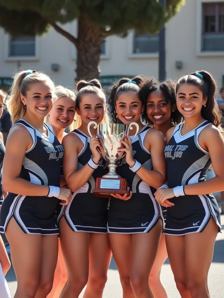 A CDCM team posing with their trophy after winning a cheerleading competition, displaying their pride and accomplishment.