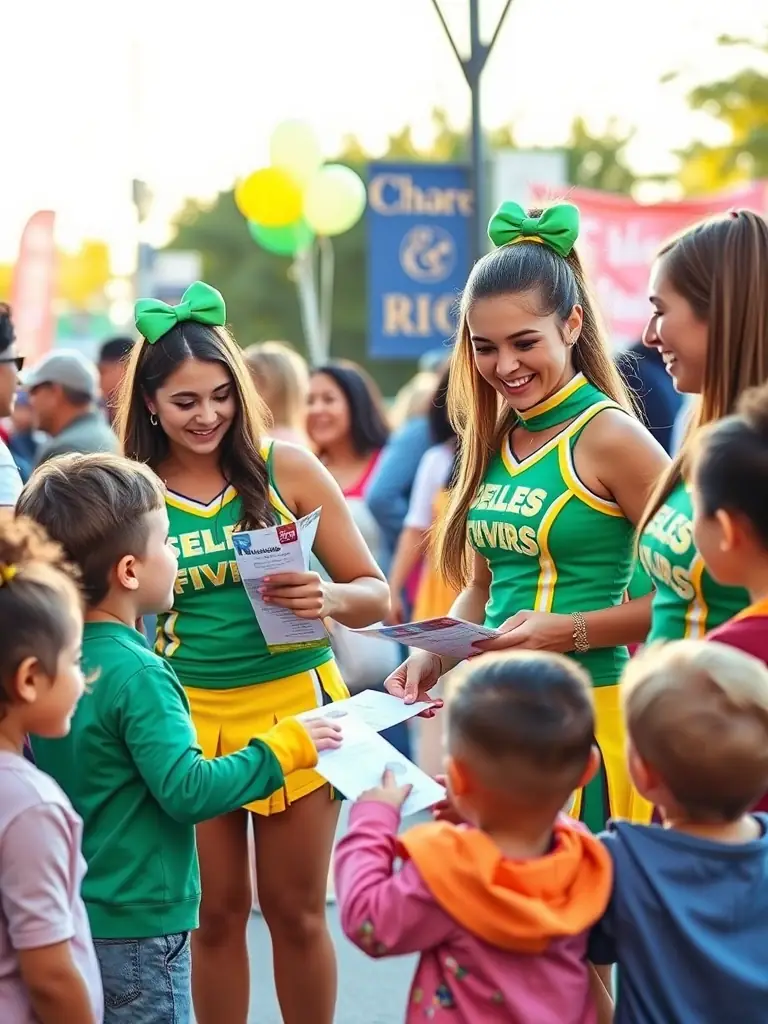 A group of cheerleaders volunteering at a local community event, interacting with children and families.