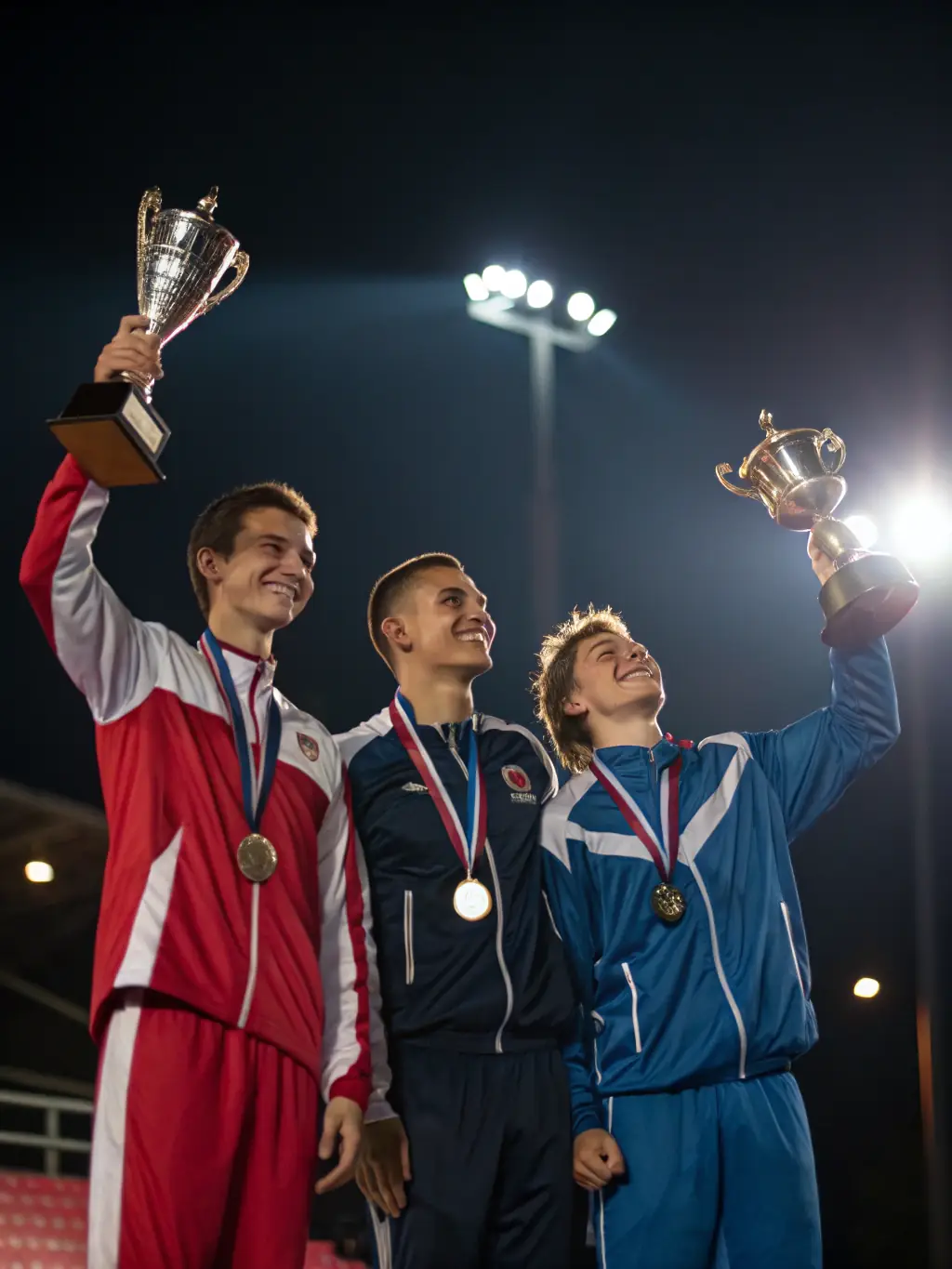 A team of cheerleaders celebrating a successful performance at a competition, displaying their medals and trophies.
