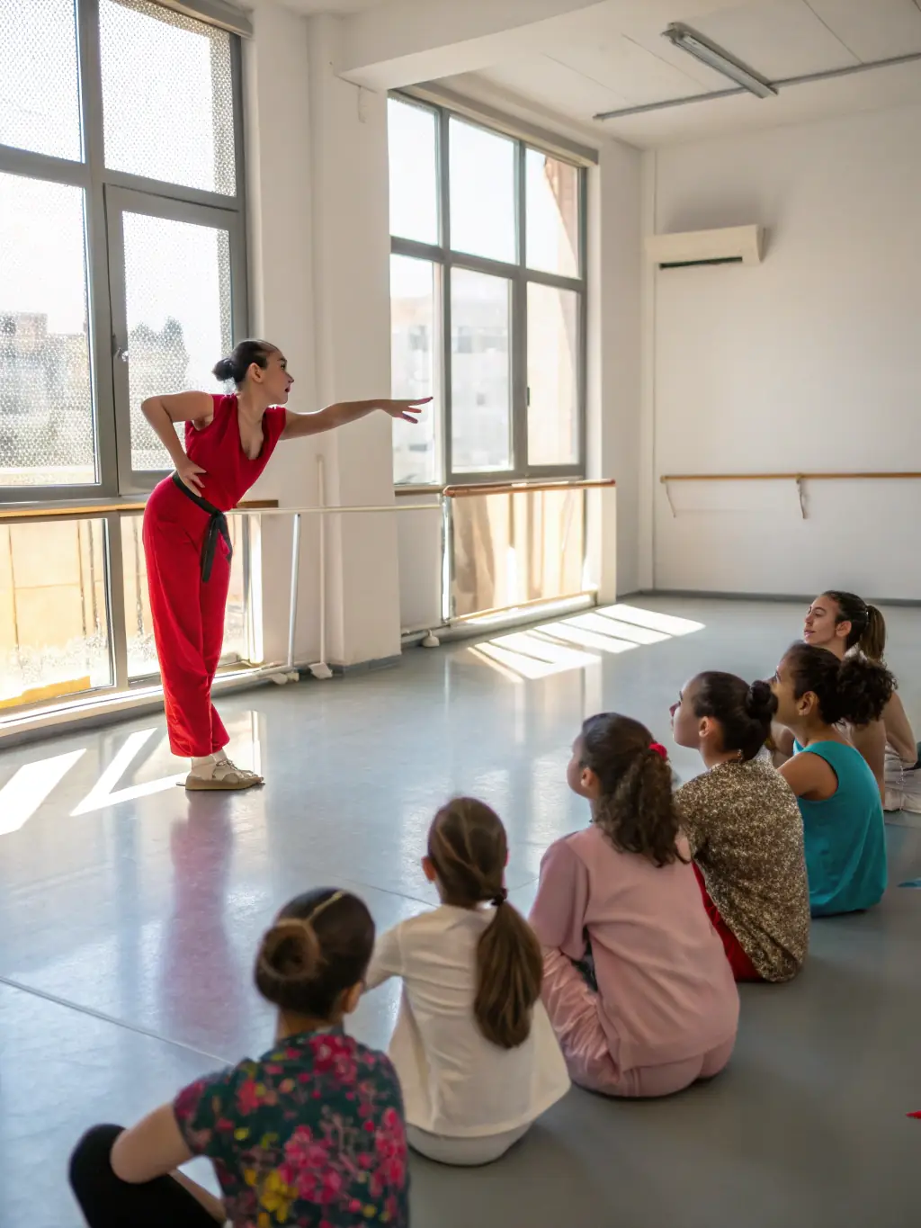 A photo of a dance instructor leading a cheer dance class, demonstrating techniques and encouraging participants.