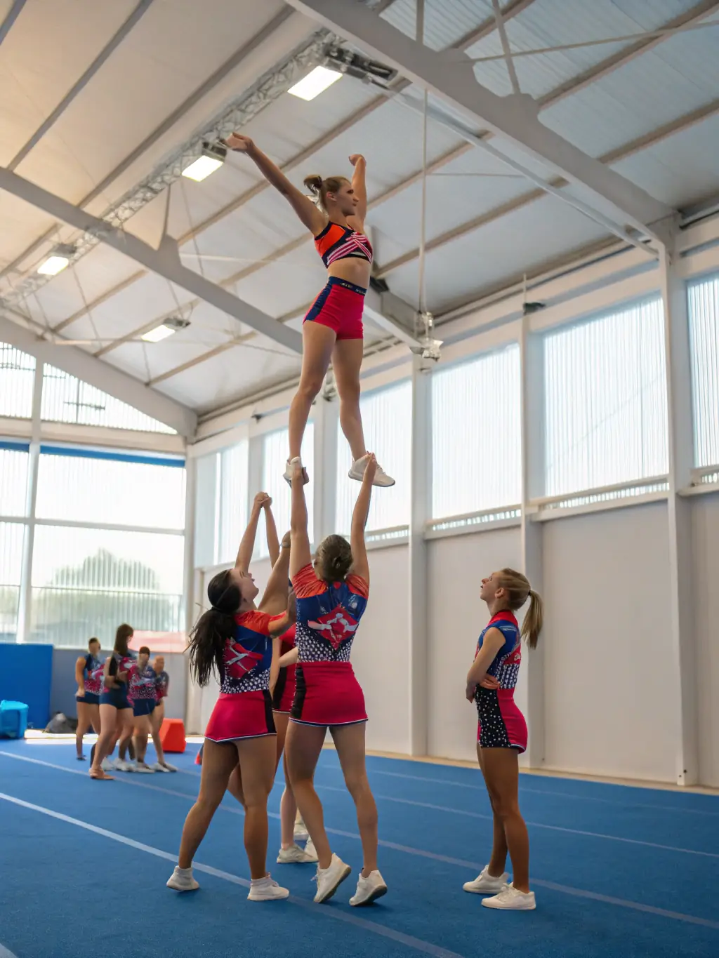 A dynamic image of cheerleaders in mid-air during a performance, showcasing their athleticism and coordination.