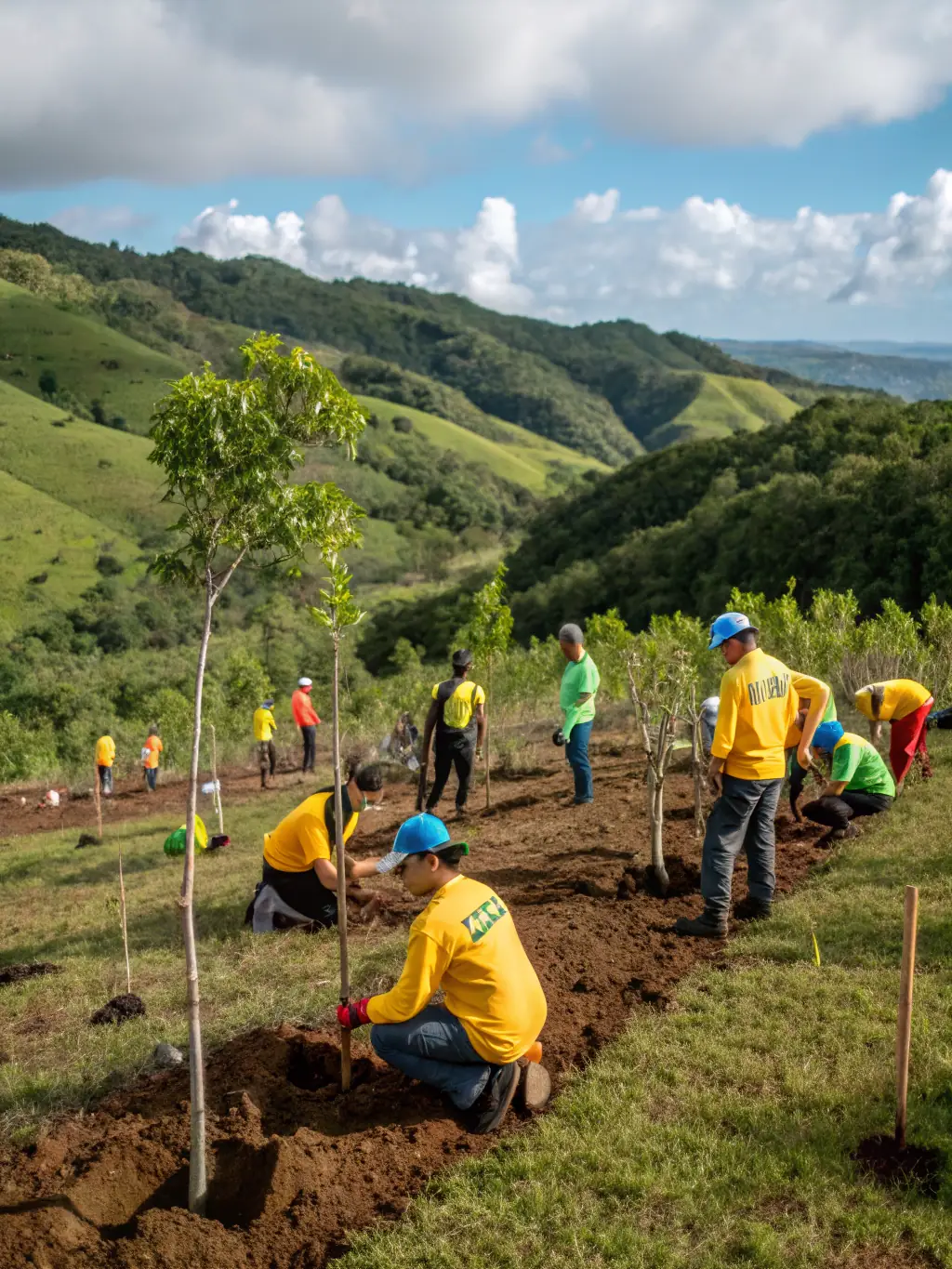 A picturesque scene of volunteers participating in a habitat restoration project, planting native trees and shrubs to enhance biodiversity and ecological resilience.
