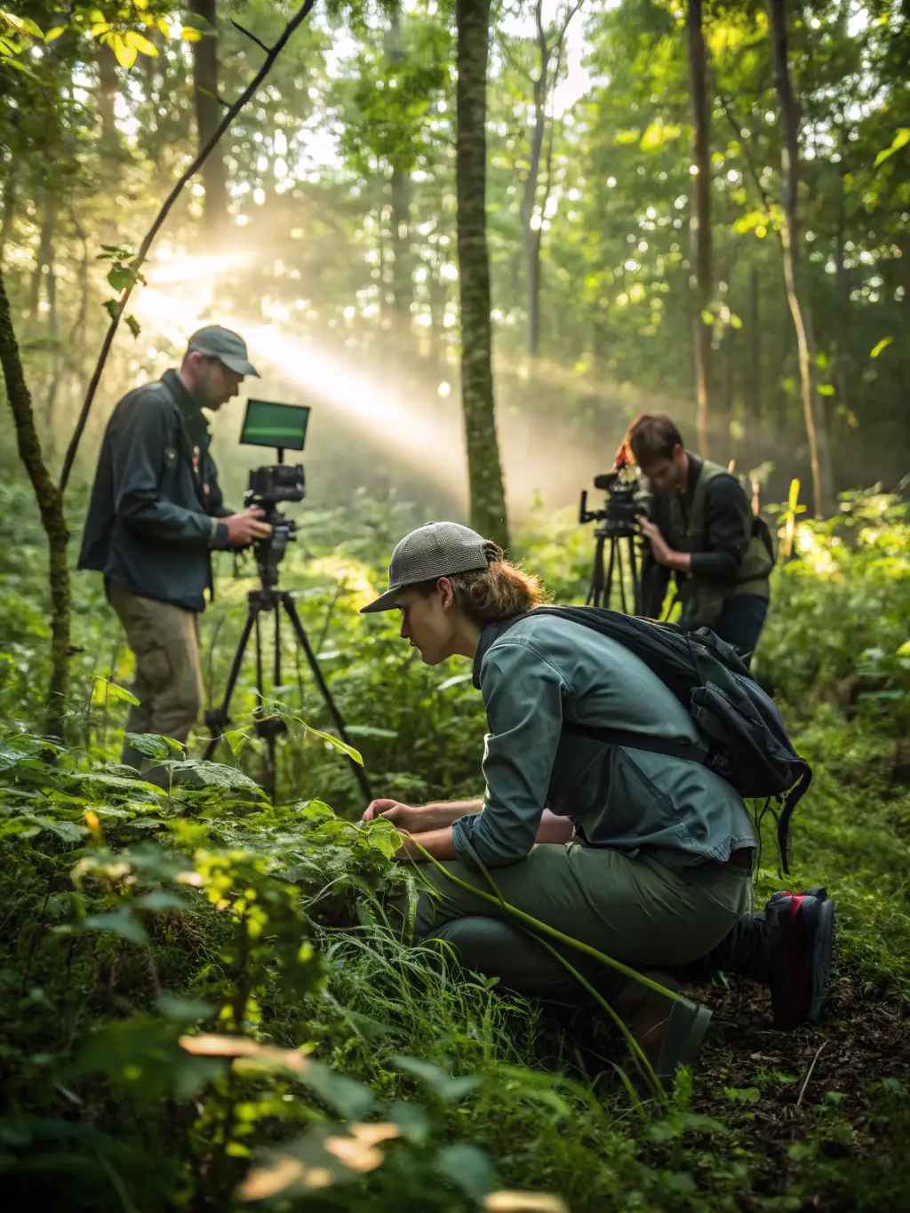 A photograph capturing a team of LPO AURA researchers observing bird nests in a protected natural habitat, showcasing their dedication to avian research and conservation.