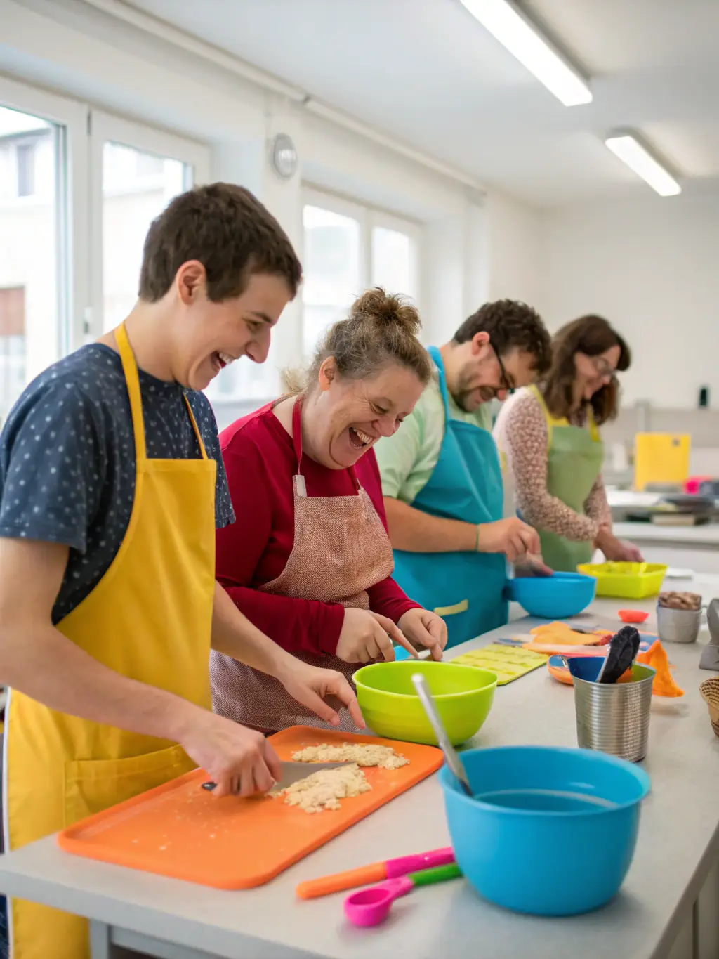 A group of adults with intellectual disabilities participating in a cooking class, preparing a meal together under the guidance of a chef in a modern kitchen.
