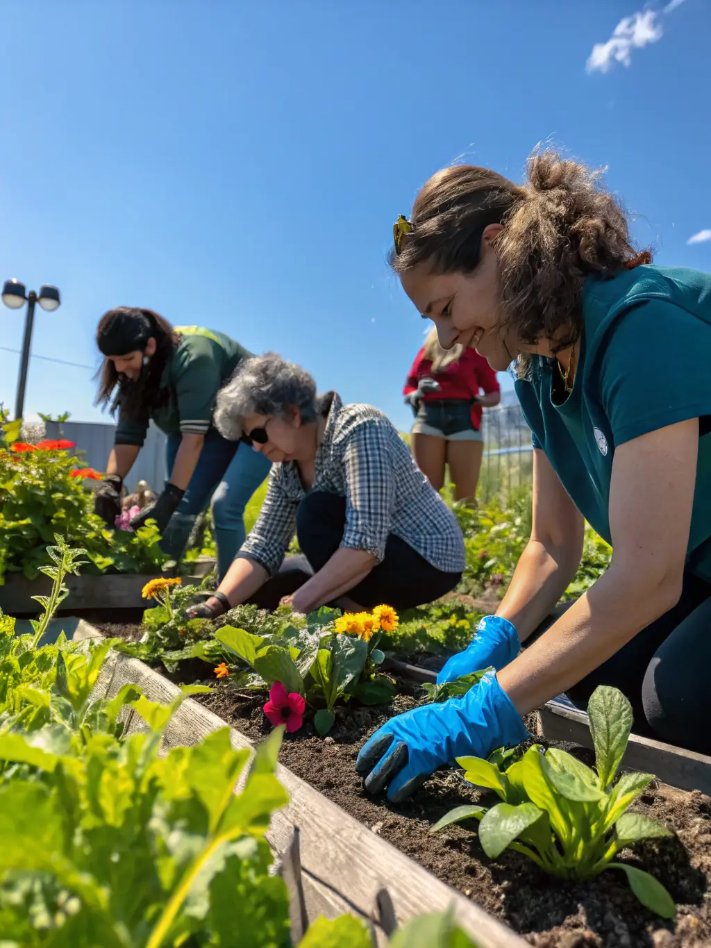 Individuals with intellectual disabilities working together in a gardening project, planting flowers and vegetables in raised garden beds in a sunny outdoor setting.