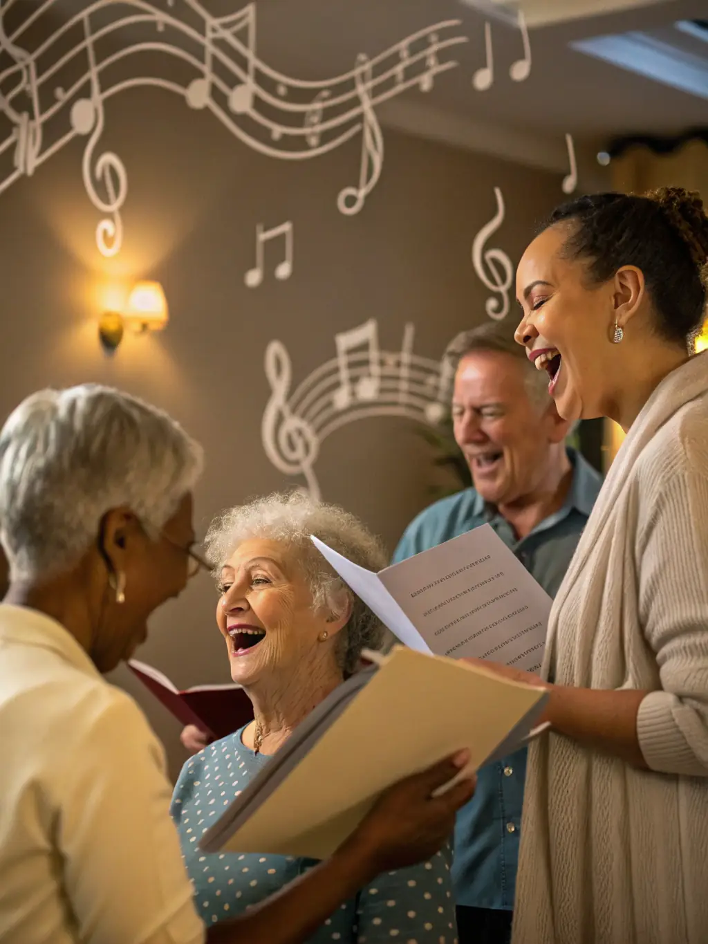 A group of adults with intellectual disabilities participating in a music therapy session, playing various instruments and singing with a therapist in a brightly lit room.