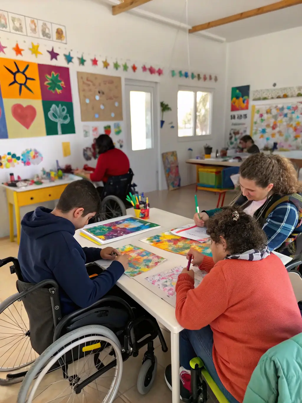 Adults with intellectual disabilities engaged in an art class, painting and drawing with enthusiasm, guided by an instructor in a colorful studio.