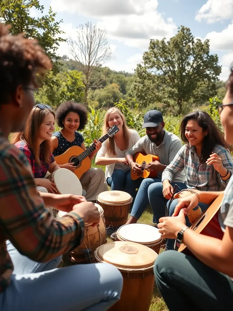 A photo of a NAH'MASTA-sponsored cultural exchange program, showing participants from different backgrounds interacting and sharing their musical experiences.