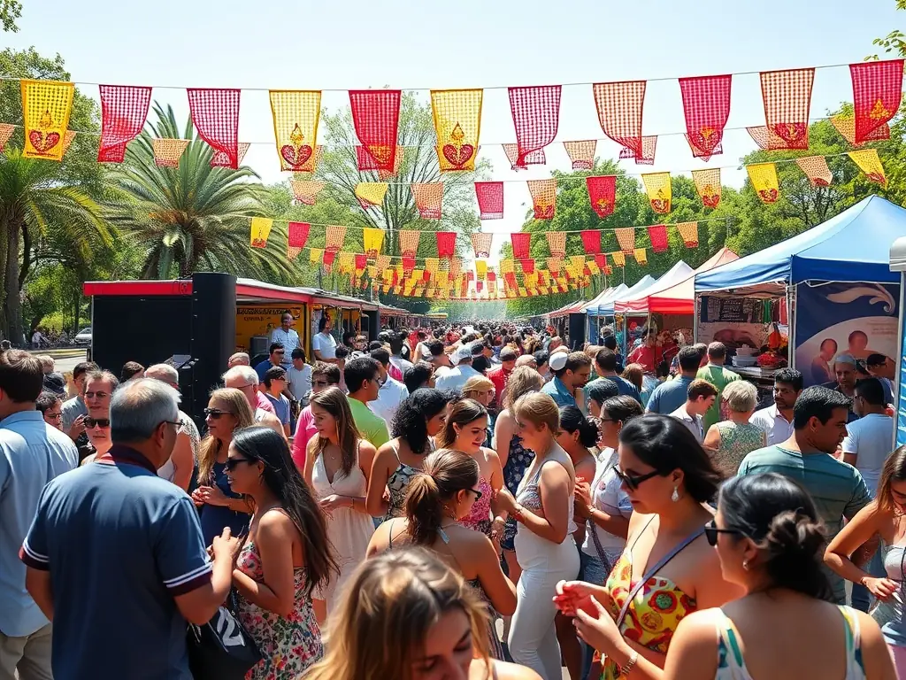 A dynamic image of a community festival organized by NAH'MASTA, featuring people of all ages participating in cultural activities, enjoying food, and celebrating Reggae and Dub culture in a public space.